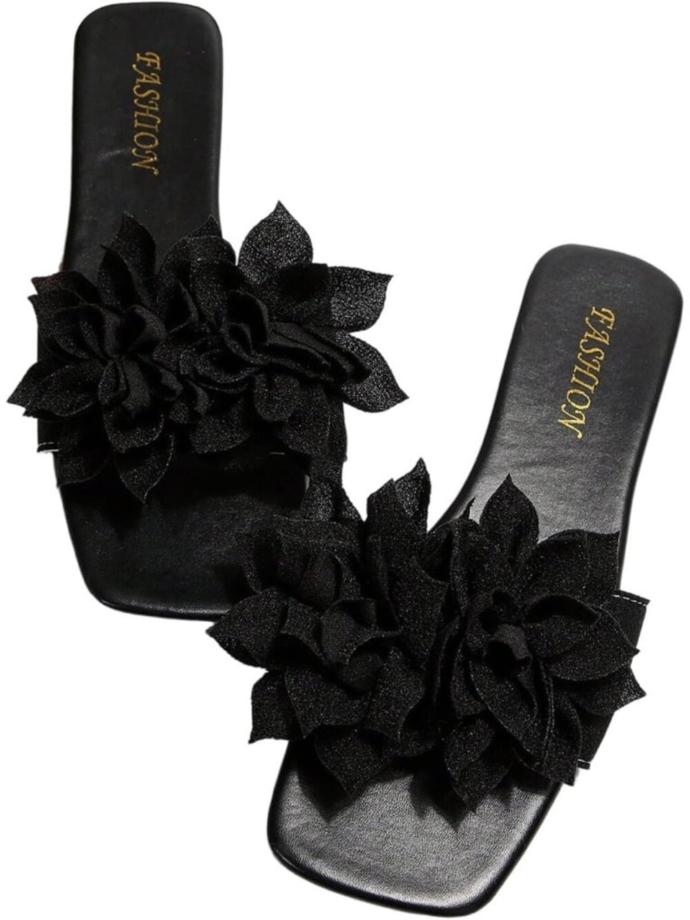 Women's Black 3D Floral Square Open Toe Single Band Casual Slip on Flats Slides